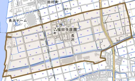長沢とその周辺の地図。町の範囲を重ねている