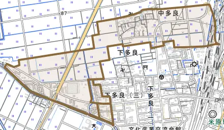 中多良とその周辺の地図。町の範囲を重ねている
