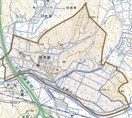 能登瀬とその周辺の地図。町の範囲を重ねている