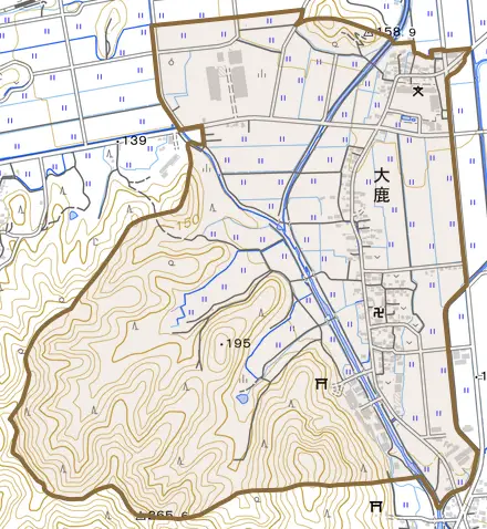大鹿とその周辺の地図。町の範囲を重ねている