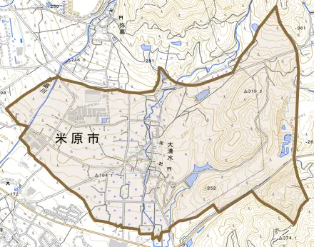大清水とその周辺の地図。町の範囲を重ねている