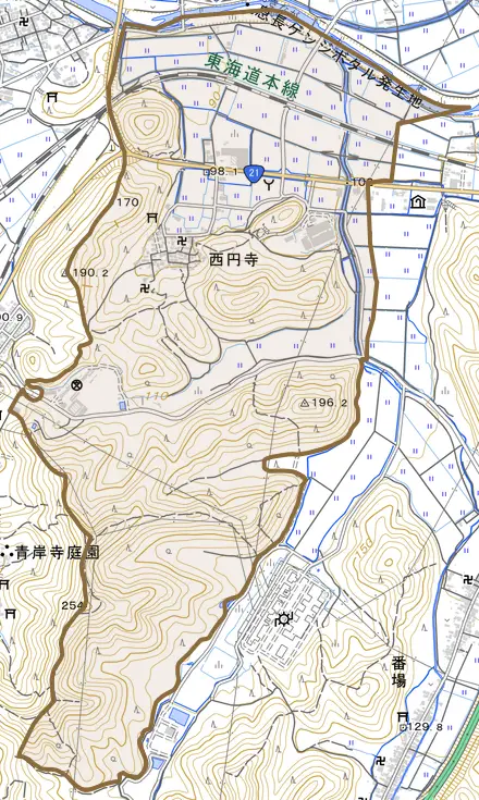 西円寺とその周辺の地図。町の範囲を重ねている