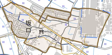 坂口とその周辺の地図。町の範囲を重ねている