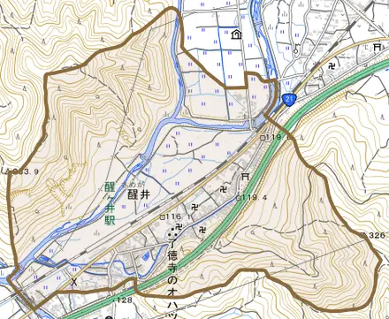 醒井とその周辺の地図。町の範囲を重ねている