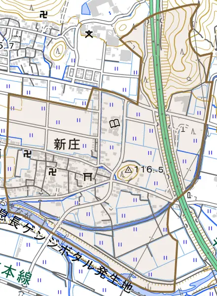 新庄とその周辺の地図。町の範囲を重ねている