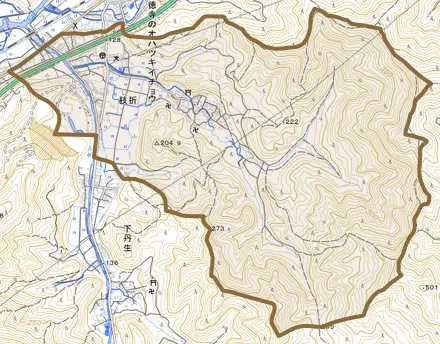 枝折とその周辺の地図。町の範囲を重ねている