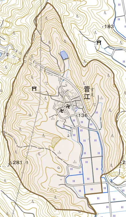 菅江とその周辺の地図。町の範囲を重ねている