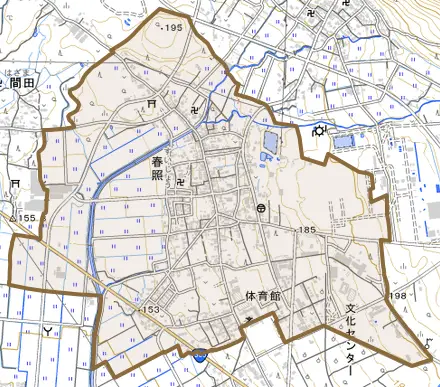 春照とその周辺の地図。町の範囲を重ねている