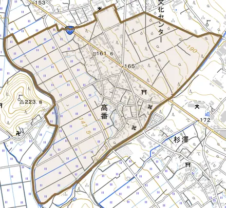 高番とその周辺の地図。町の範囲を重ねている