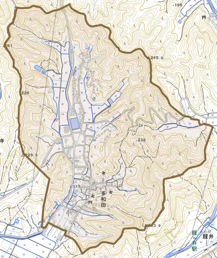 多和田とその周辺の地図。町の範囲を重ねている