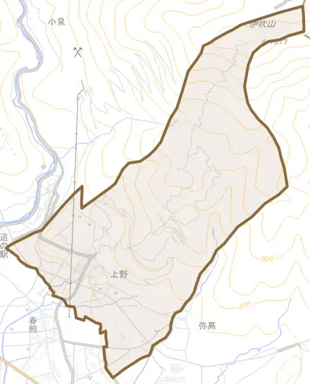 上野とその周辺の地図。町の範囲を重ねている