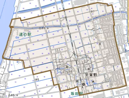 宇賀野とその周辺の地図。町の範囲を重ねている