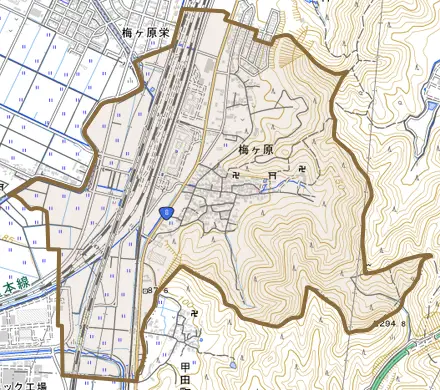 梅ケ原とその周辺の地図。町の範囲を重ねている