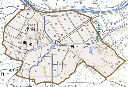 小田とその周辺の地図。町の範囲を重ねている