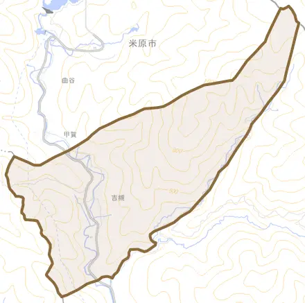 吉槻とその周辺の地図。町の範囲を重ねている