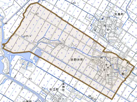赤野井町とその周辺の地図。町の範囲を重ねている