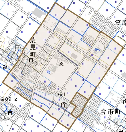 荒見町とその周辺の地図。町の範囲を重ねている