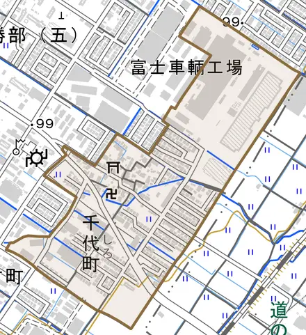 千代町とその周辺の地図。町の範囲を重ねている