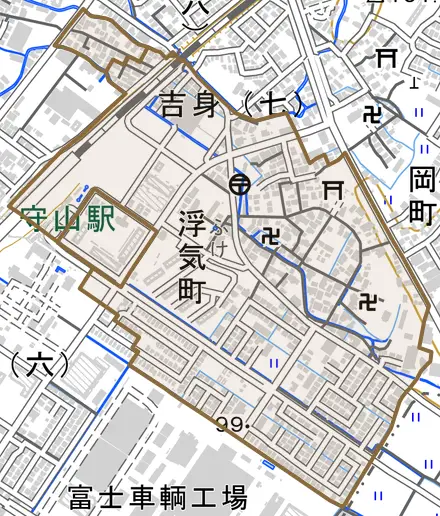 浮気町とその周辺の地図。町の範囲を重ねている