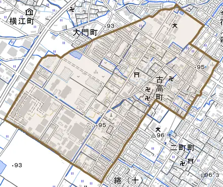 古高町とその周辺の地図。町の範囲を重ねている