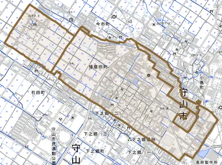 播磨田町とその周辺の地図。町の範囲を重ねている