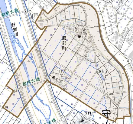 服部町とその周辺の地図。町の範囲を重ねている