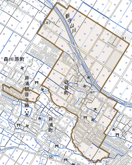 欲賀町とその周辺の地図。町の範囲を重ねている