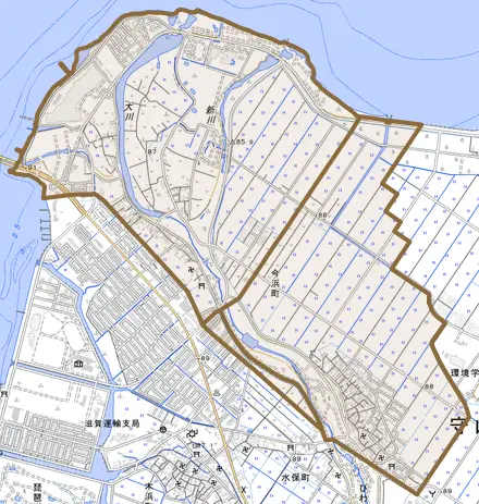 今浜町とその周辺の地図。町の範囲を重ねている