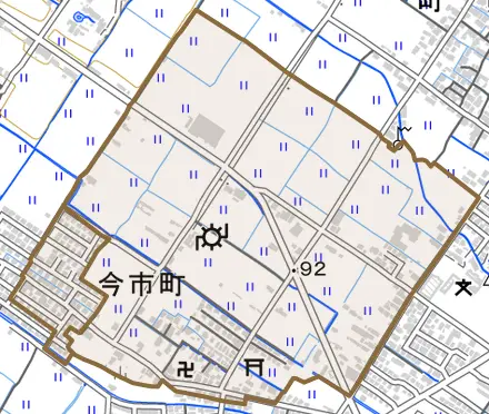 今市町とその周辺の地図。町の範囲を重ねている