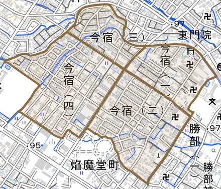 今宿とその周辺の地図。町の範囲を重ねている