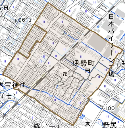伊勢町とその周辺の地図。町の範囲を重ねている