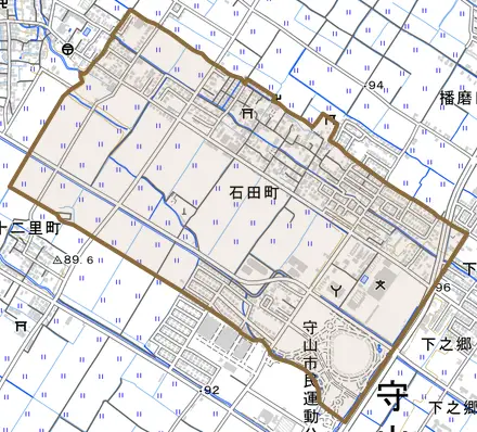 石田町とその周辺の地図。町の範囲を重ねている