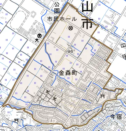 金森町とその周辺の地図。町の範囲を重ねている