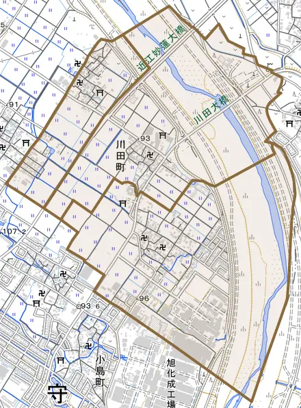 川田町とその周辺の地図。町の範囲を重ねている