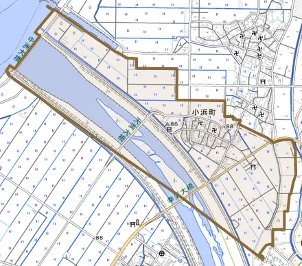 小浜町とその周辺の地図。町の範囲を重ねている
