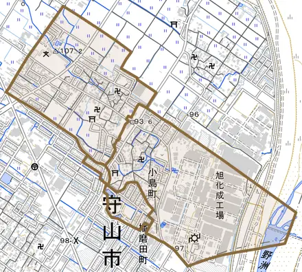 小島町とその周辺の地図。町の範囲を重ねている