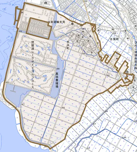 木浜町とその周辺の地図。町の範囲を重ねている