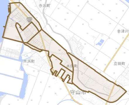 水保町とその周辺の地図。町の範囲を重ねている