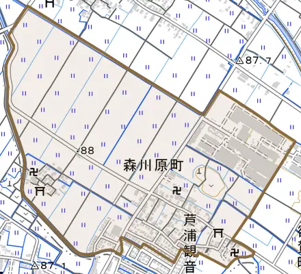 森川原町とその周辺の地図。町の範囲を重ねている