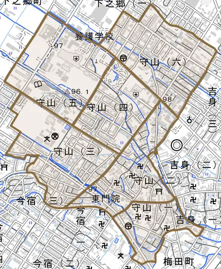 守山とその周辺の地図。町の範囲を重ねている