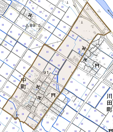 中町とその周辺の地図。町の範囲を重ねている