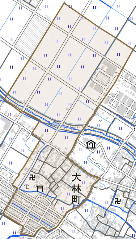 大林町とその周辺の地図。町の範囲を重ねている