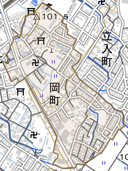 岡町とその周辺の地図。町の範囲を重ねている