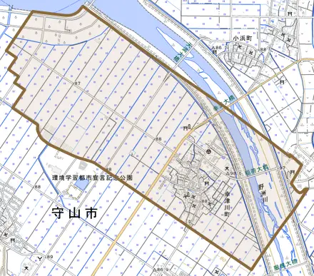 幸津川町とその周辺の地図。町の範囲を重ねている