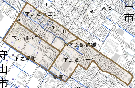 下之郷とその周辺の地図。町の範囲を重ねている