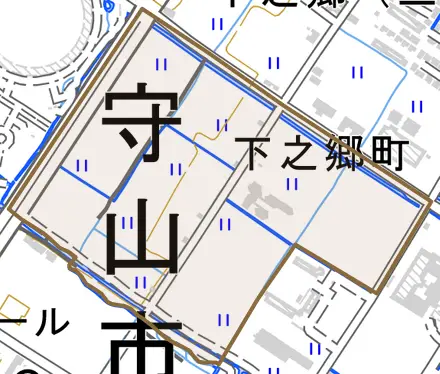 下之郷町とその周辺の地図。町の範囲を重ねている