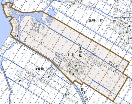 杉江町とその周辺の地図。町の範囲を重ねている