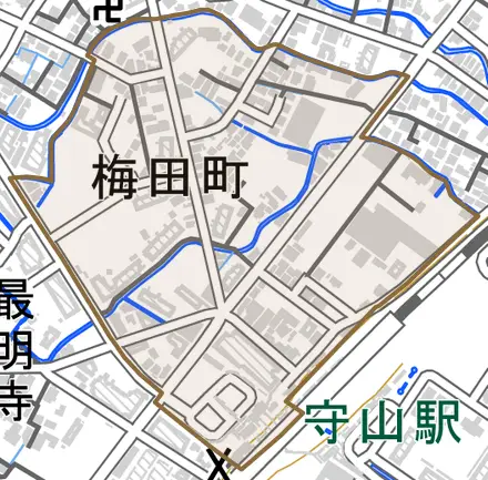 梅田町とその周辺の地図。町の範囲を重ねている