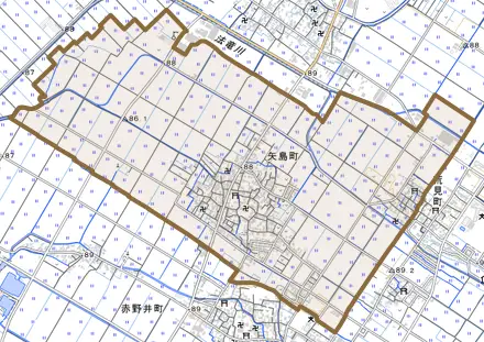 矢島町とその周辺の地図。町の範囲を重ねている