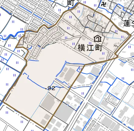 横江町とその周辺の地図。町の範囲を重ねている